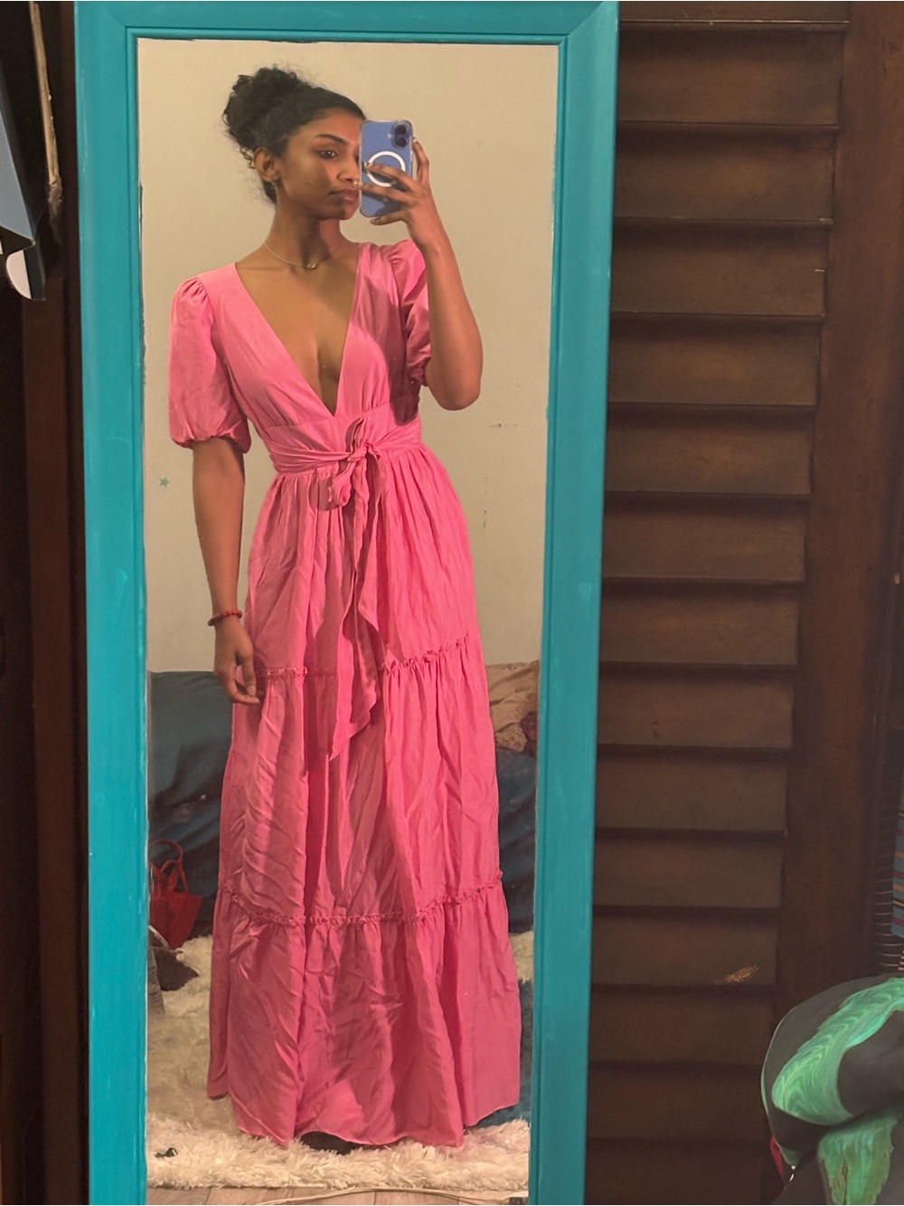 Sail to Sable Fuchsia Puff-Sleeve Tie-Waist Maxi Dress